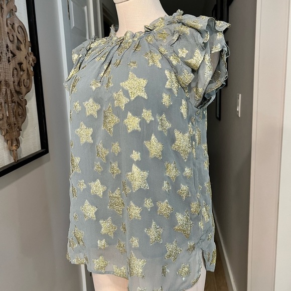 LOFT blue gray chiffon short sleeve blouse with gold stars - Picture 13 of 14